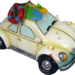 White Old Bug Money Box with Surf board 21cm
