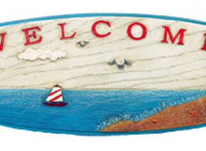 Surf Board Welcome Sign with old Hippie Van