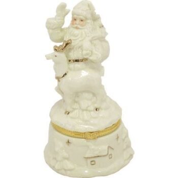 Santa w Reindeer Hinged Box Ivory Porcelain