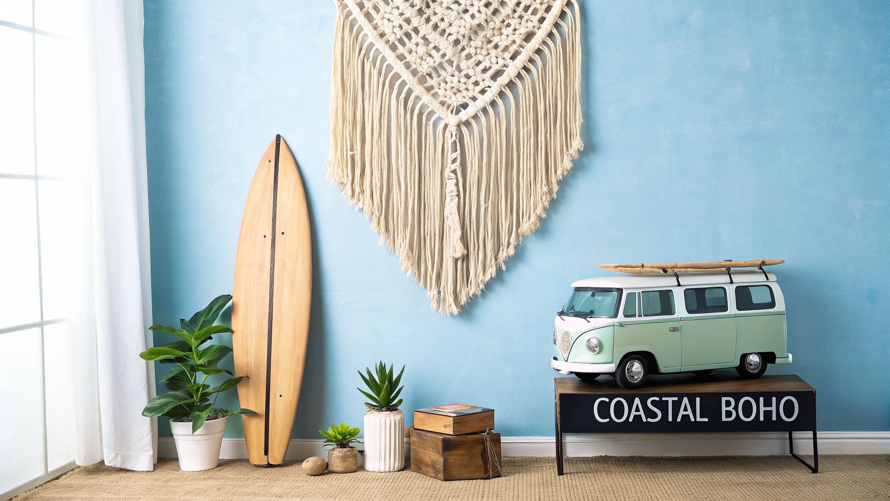 A vibrant coastal boho room featuring a macrame wall hanging, surfboard, plants, and a vintage toy van.