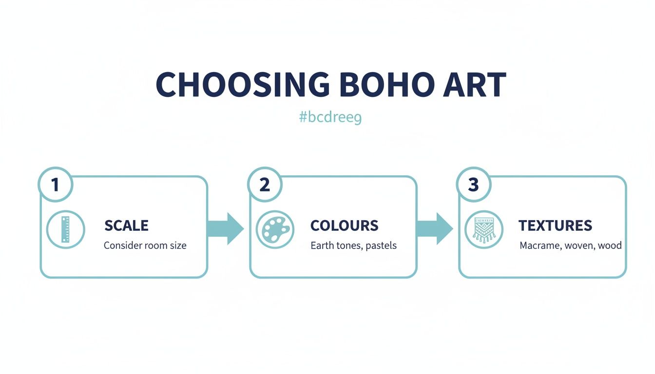 A clear, concise guide illustrating three steps for selecting boho art based on scale, colors, and textures.