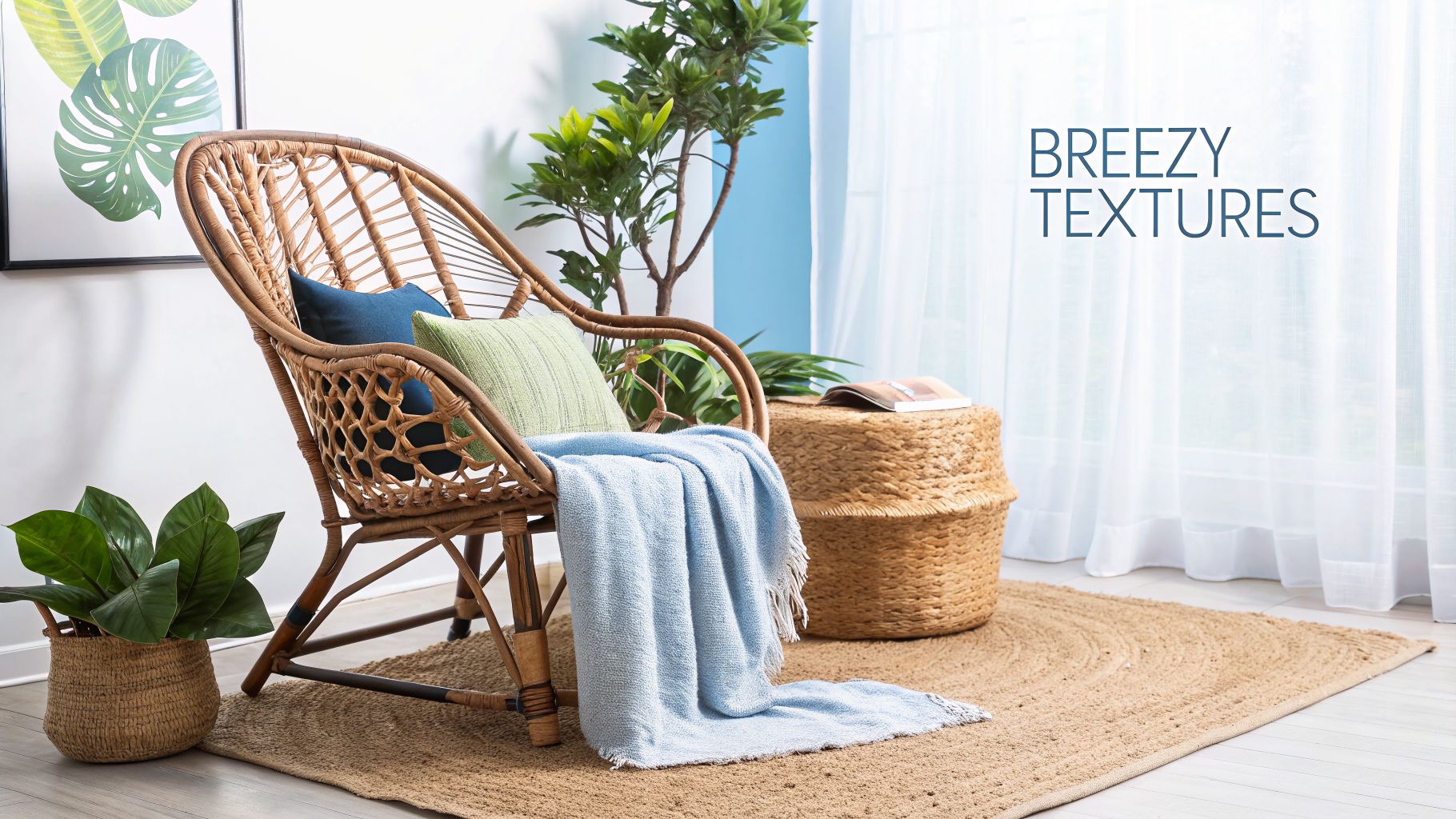 A rattan chair with pillows, a blue throw, and a jute rug in a breezy coastal room.