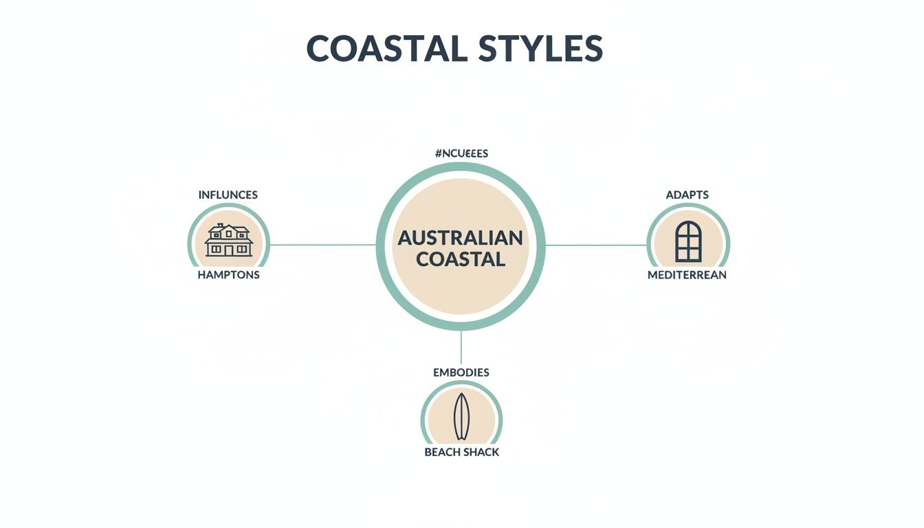 Diagram illustrating Australian coastal style influenced by Hamptons, adapting Mediterranean, and embodying beach shack.