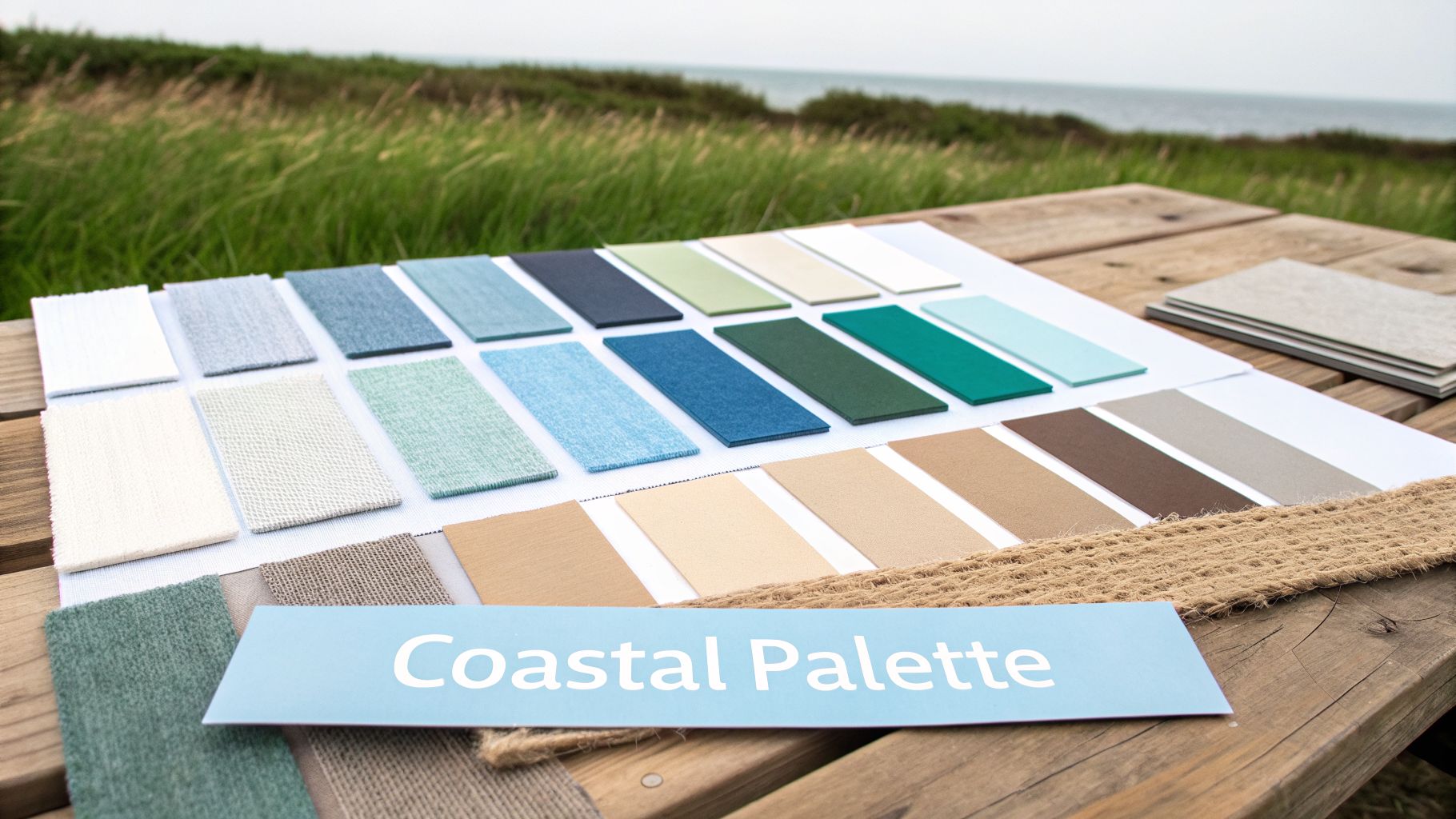 Diverse fabric swatches and color cards displaying a 'Coastal Palette' laid out on a wooden table.