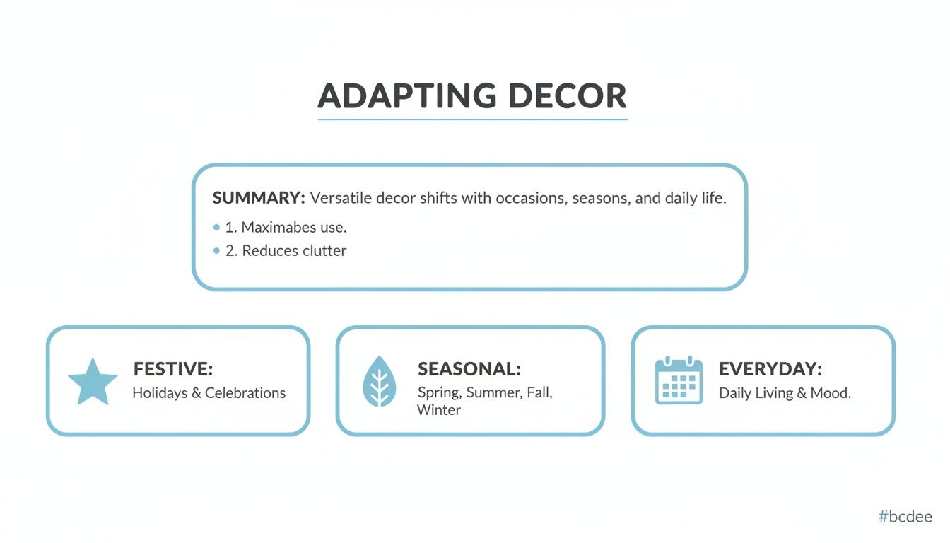 Infographic illustrating adapting decor for festive, seasonal, and everyday use, maximizing versatility.