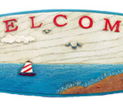 Surf Board Welcome Sign with old Hippie Van