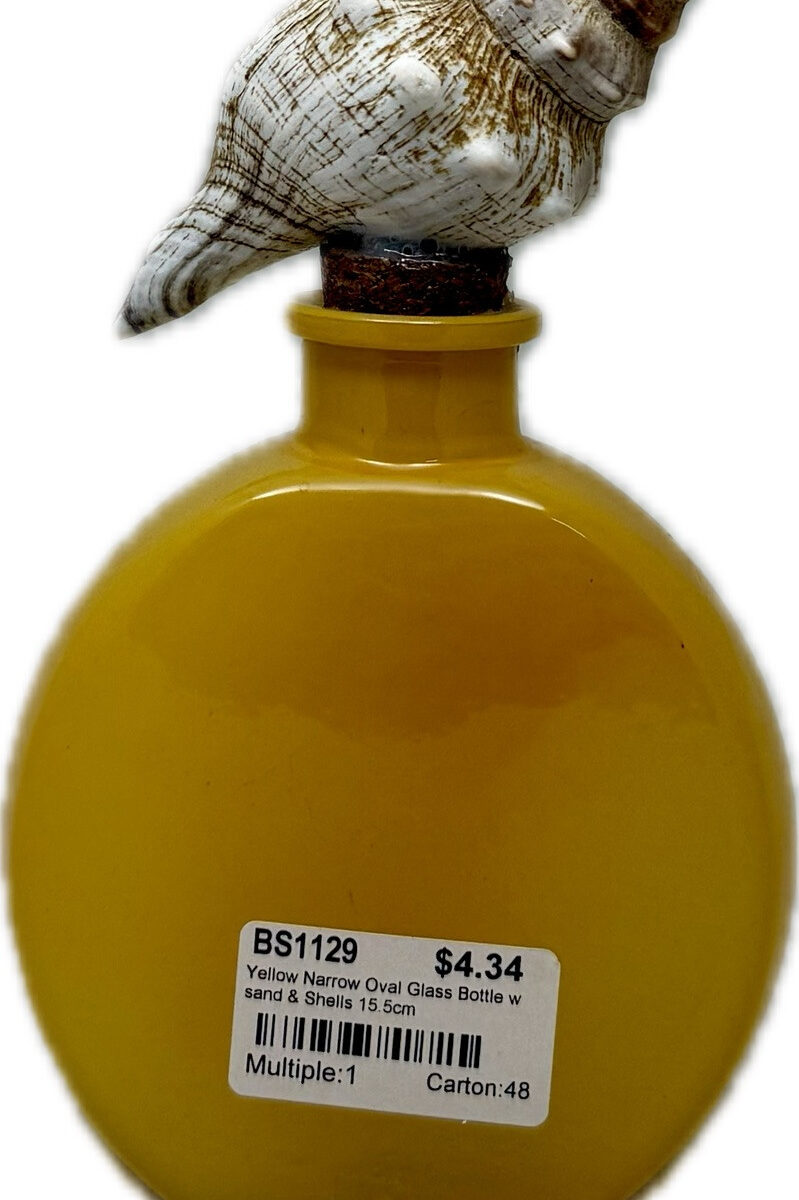 Yellow Narrow Oval Glass Bottle w Sand & Shells 15.5cm