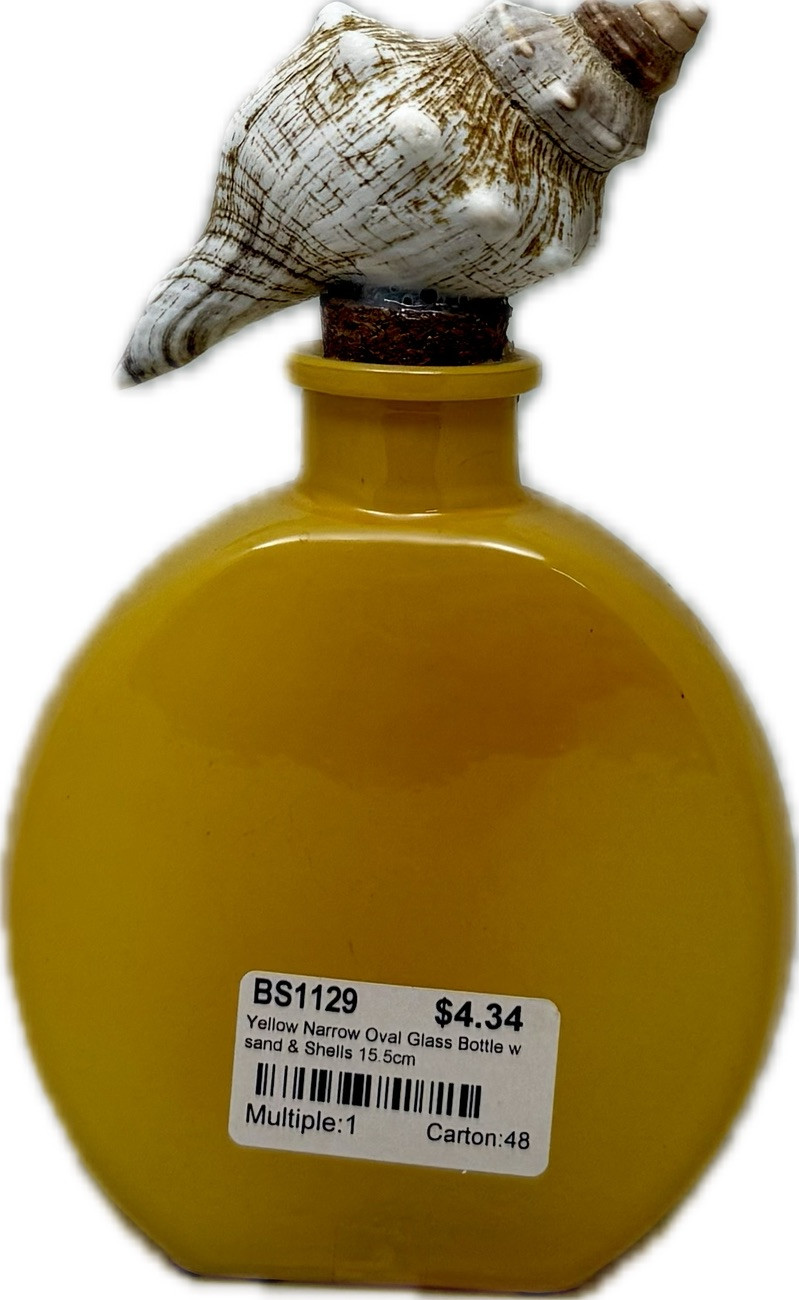 Yellow Narrow Oval Glass Bottle w Sand & Shells 15.5cm