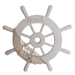 White wooden Ships wheel With Beach Sign 38cm