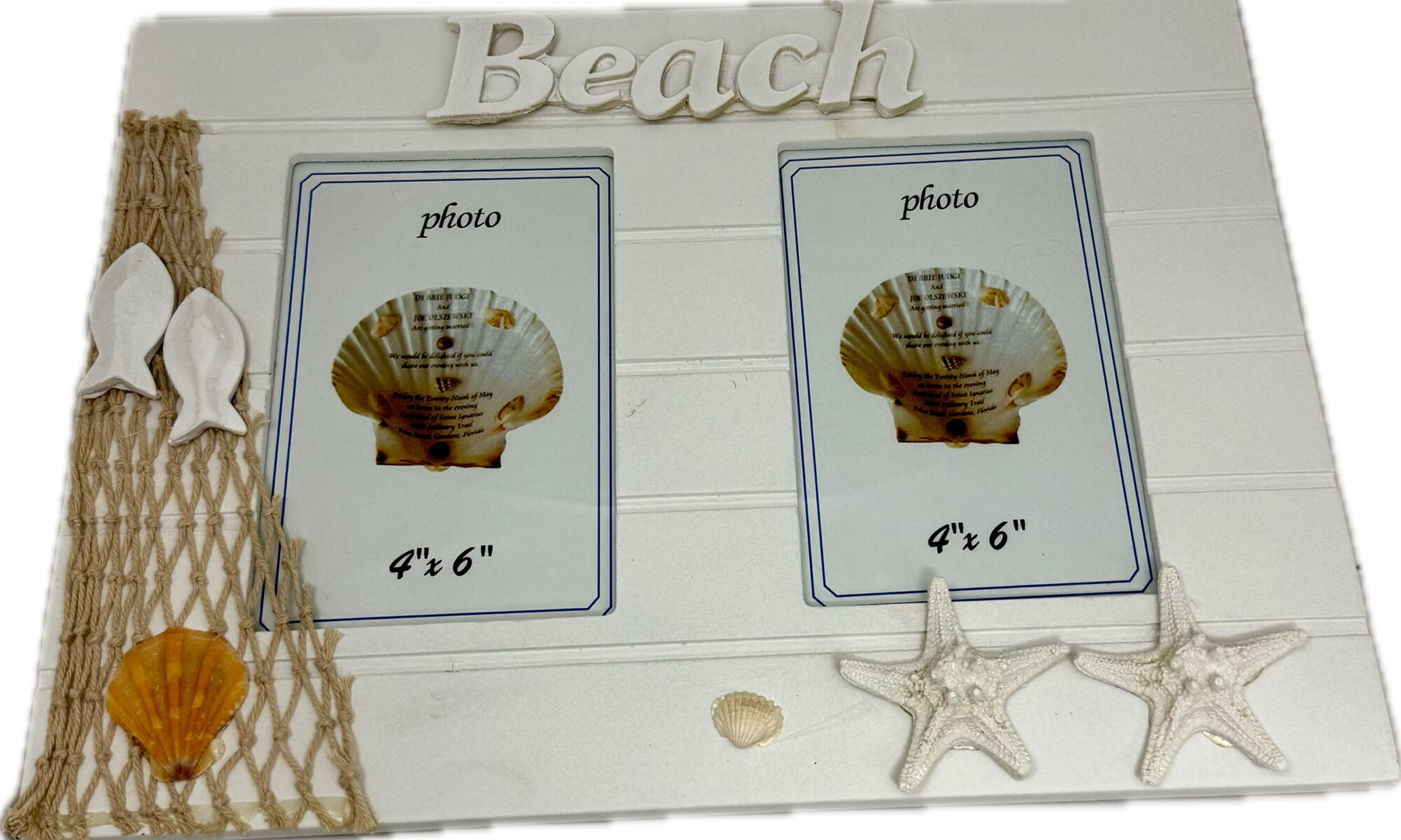 White Wooden Dual Photo Frame With Beach Sign