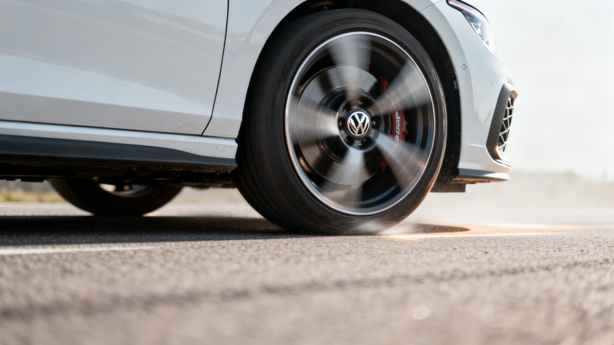 Close-up of a white Volkswagen Golf GTI's spinning wheel during a burnout on asphalt.