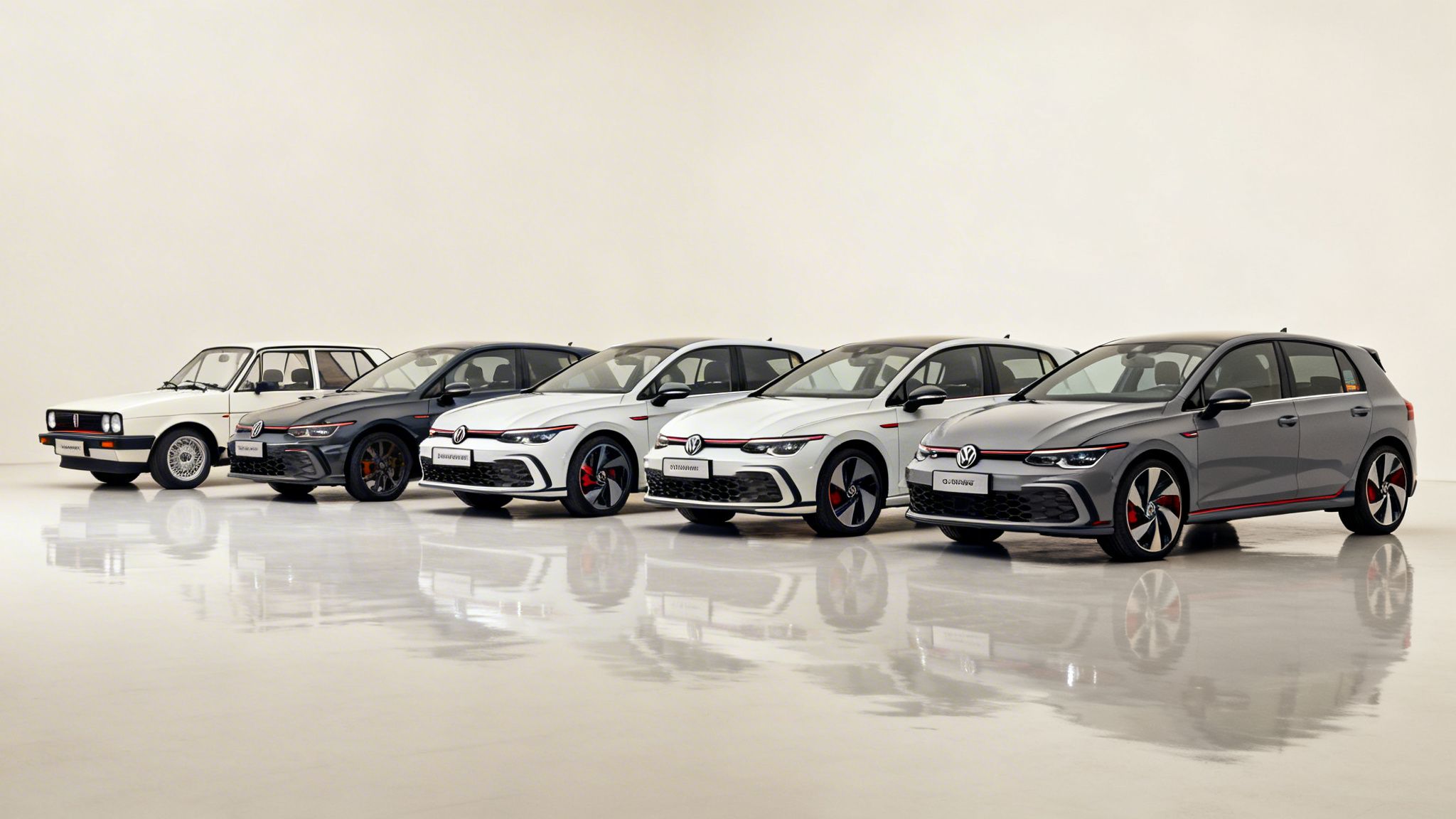 A row of six Volkswagen Golf GTI models showcasing their evolution from classic to modern designs.