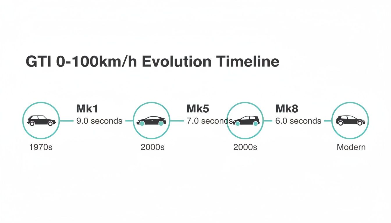 Timeline illustrating the Volkswagen Golf GTI's 0-100km/h acceleration improvement across generations.