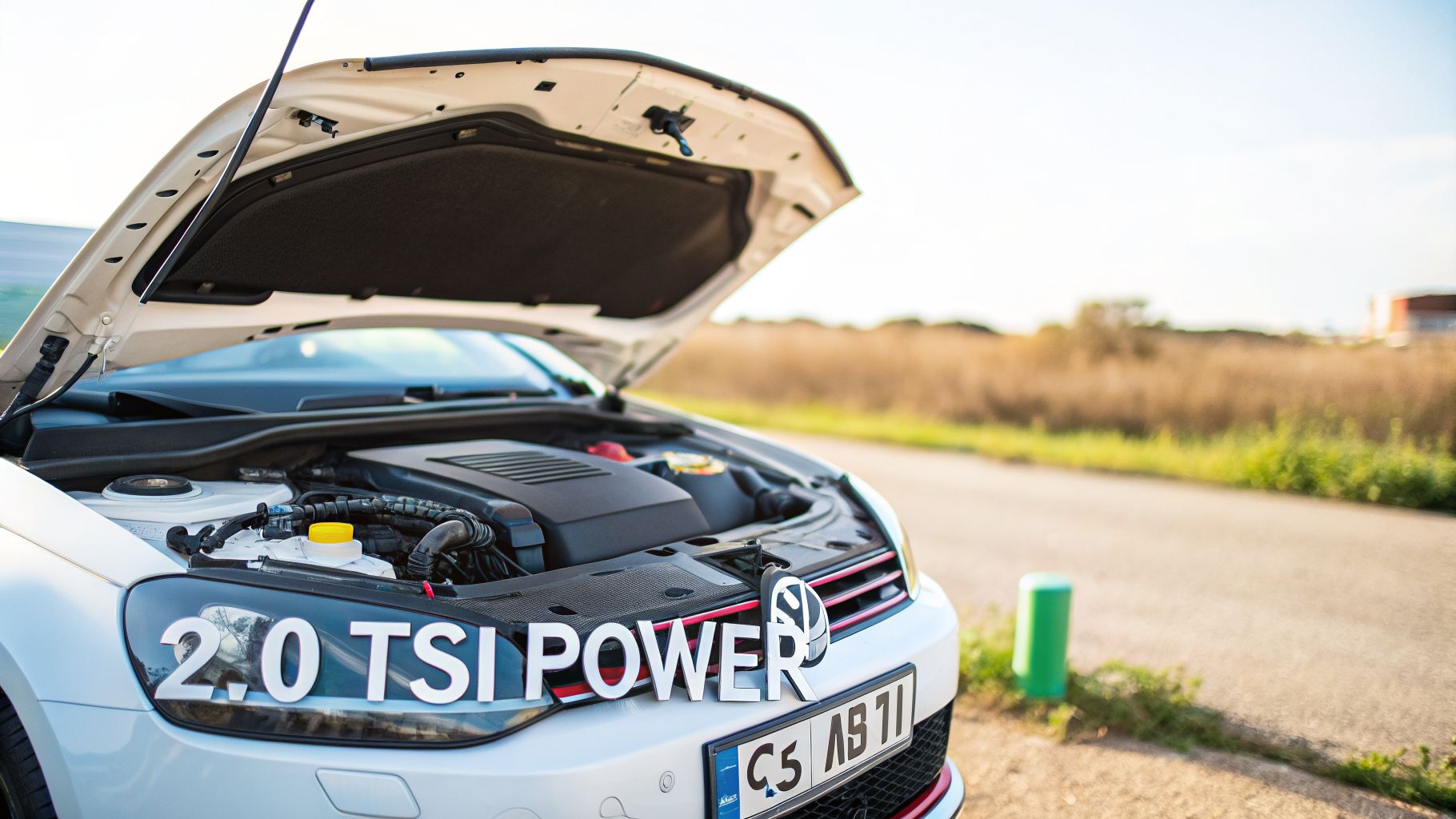A white Volkswagen Golf GTI with its hood open, revealing the 2.0 TSI engine on a sunny day.