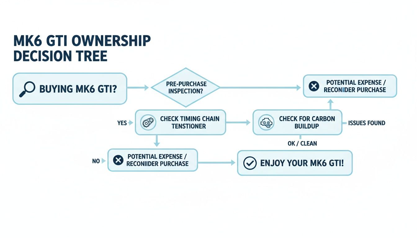 Decision tree for MK6 GTI ownership, outlining pre-purchase inspection, timing chain, and carbon buildup checks.