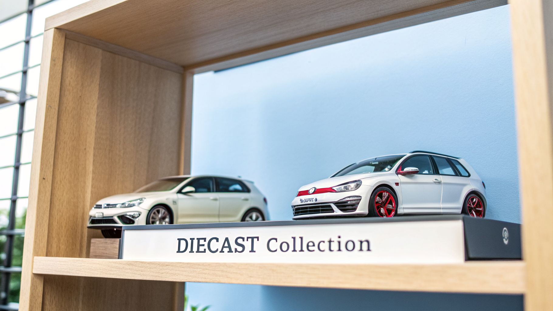 Two white diecast model cars on a display shelf, one with red wheels, against a blue background.