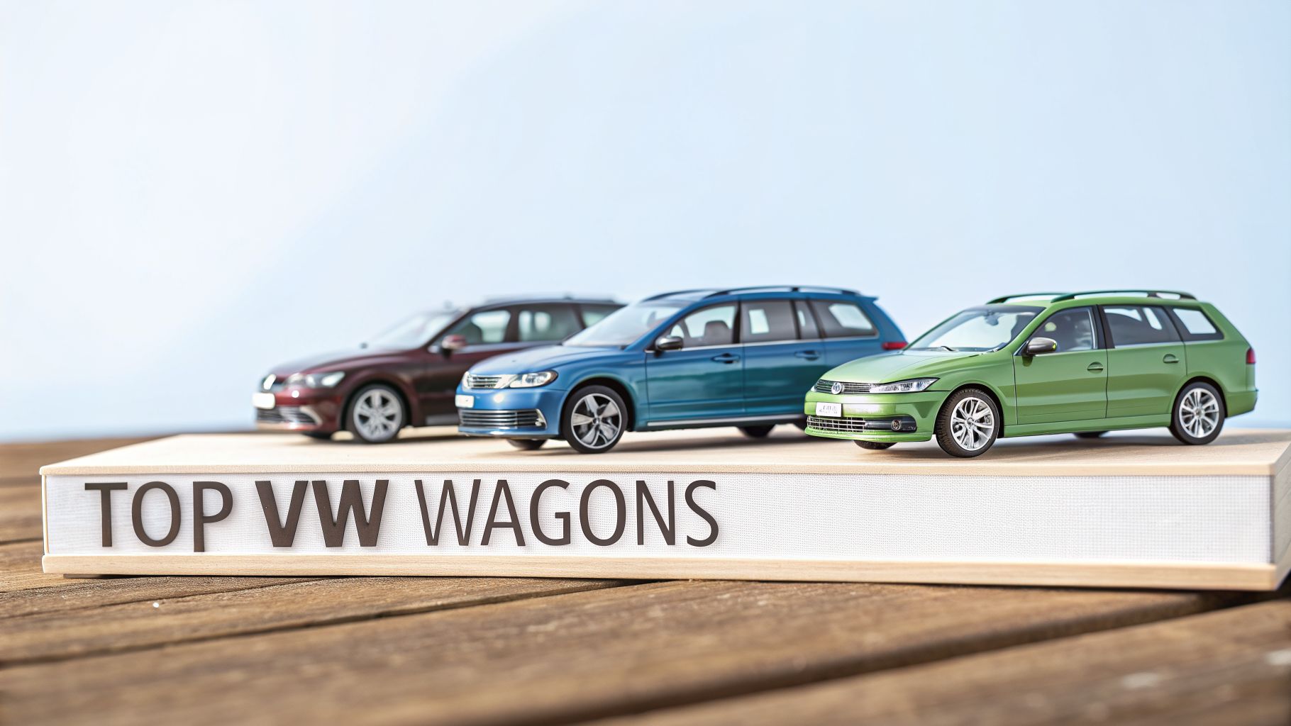 Three colorful miniature Volkswagen station wagons displayed on a wooden surface with a 'TOP VW WAGONS' sign.