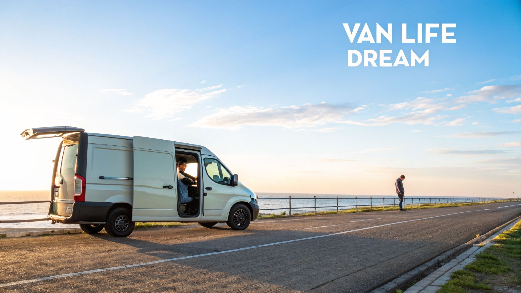 A white camper van with open doors parked by the sea at sunset, living the van life dream.