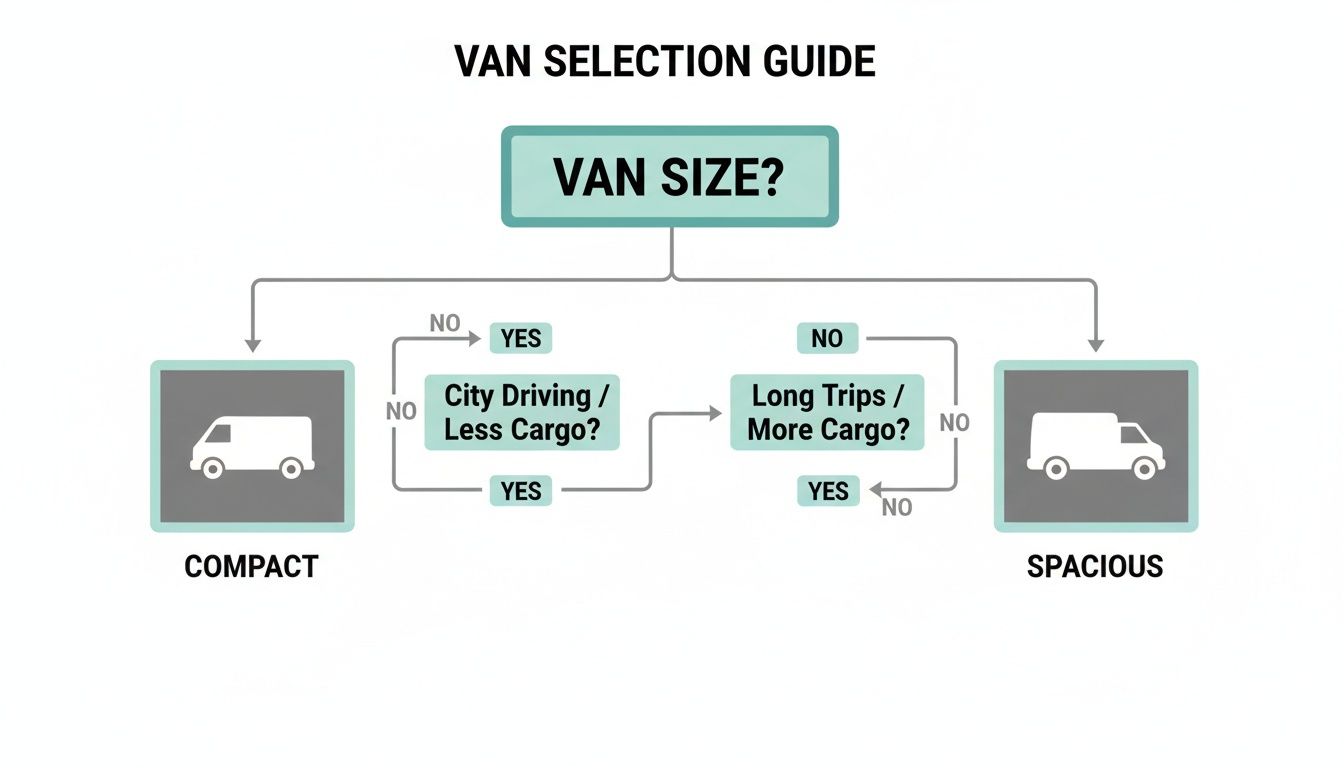 Flowchart guide for selecting a van size, differentiating between Compact for city driving or Spacious for long trips.