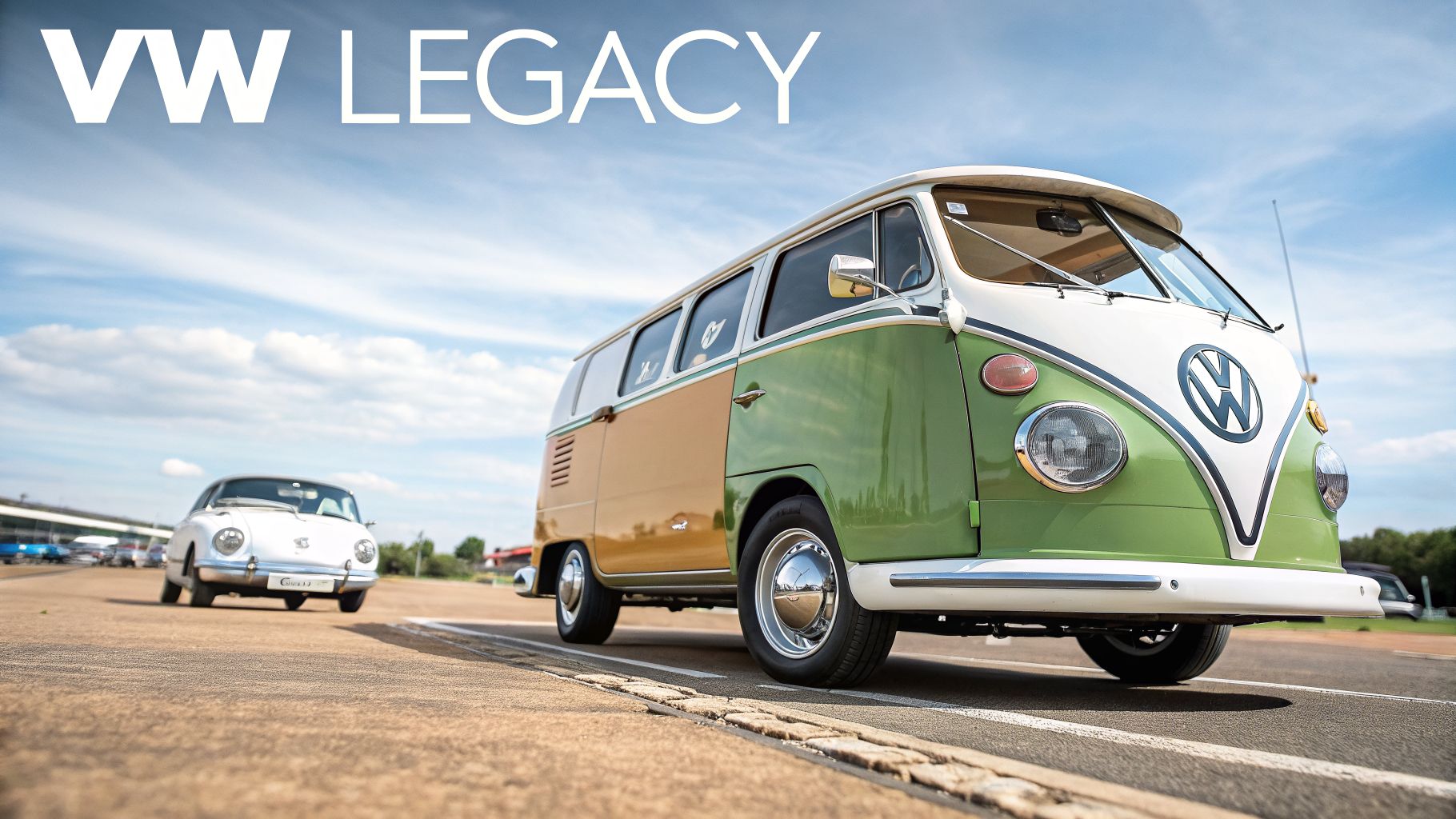 A classic green and tan Volkswagen Type 2 van and a white vintage car on an asphalt road under a blue sky.
