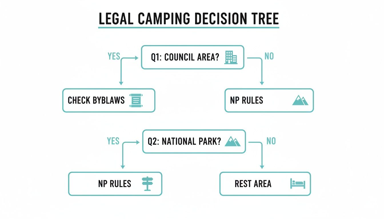 Legal camping decision tree flowchart for determining rules in council, national park, and rest areas.