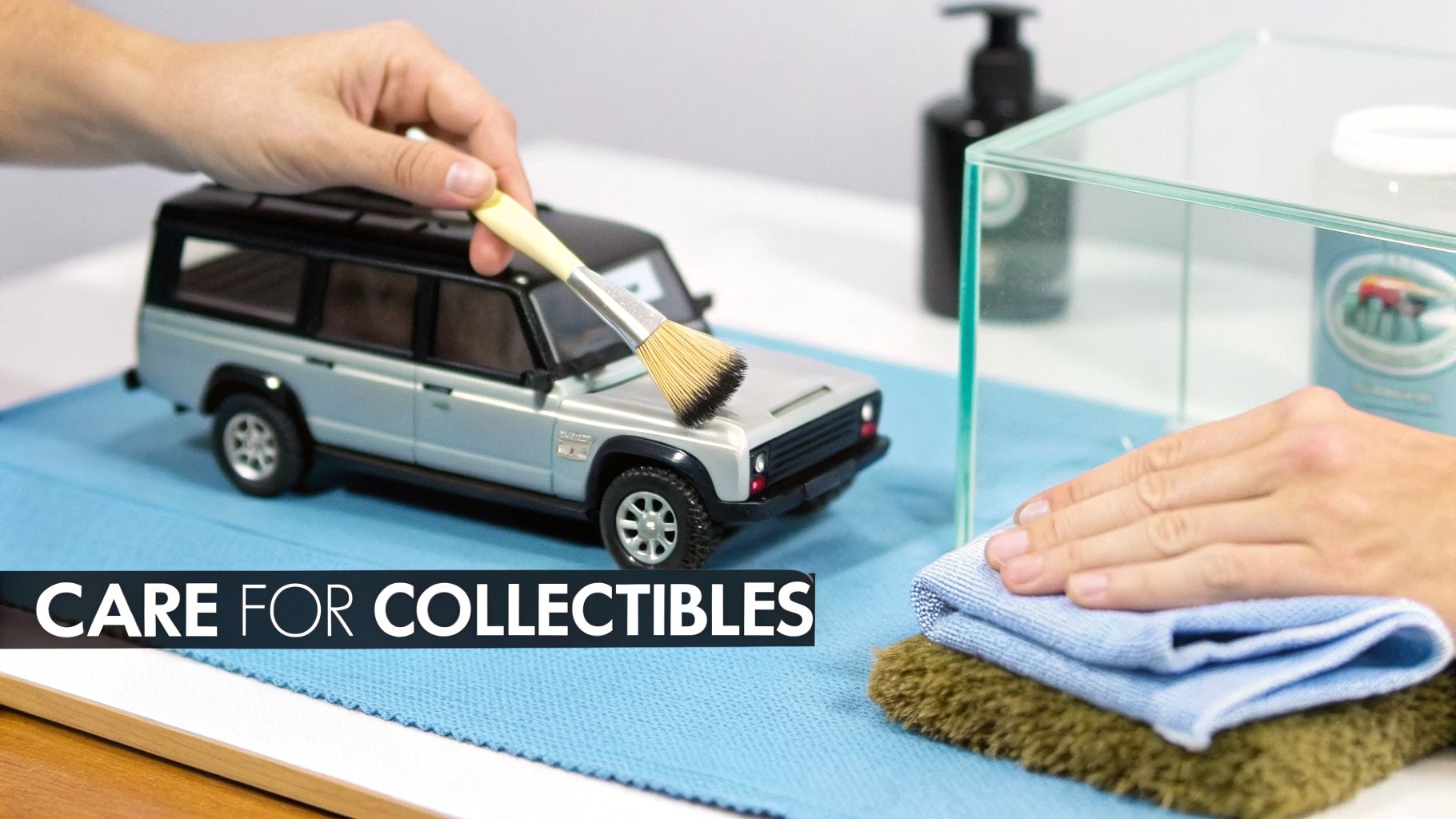 A person meticulously cleans a silver toy car with a brush, demonstrating the careful maintenance of collectibles.
