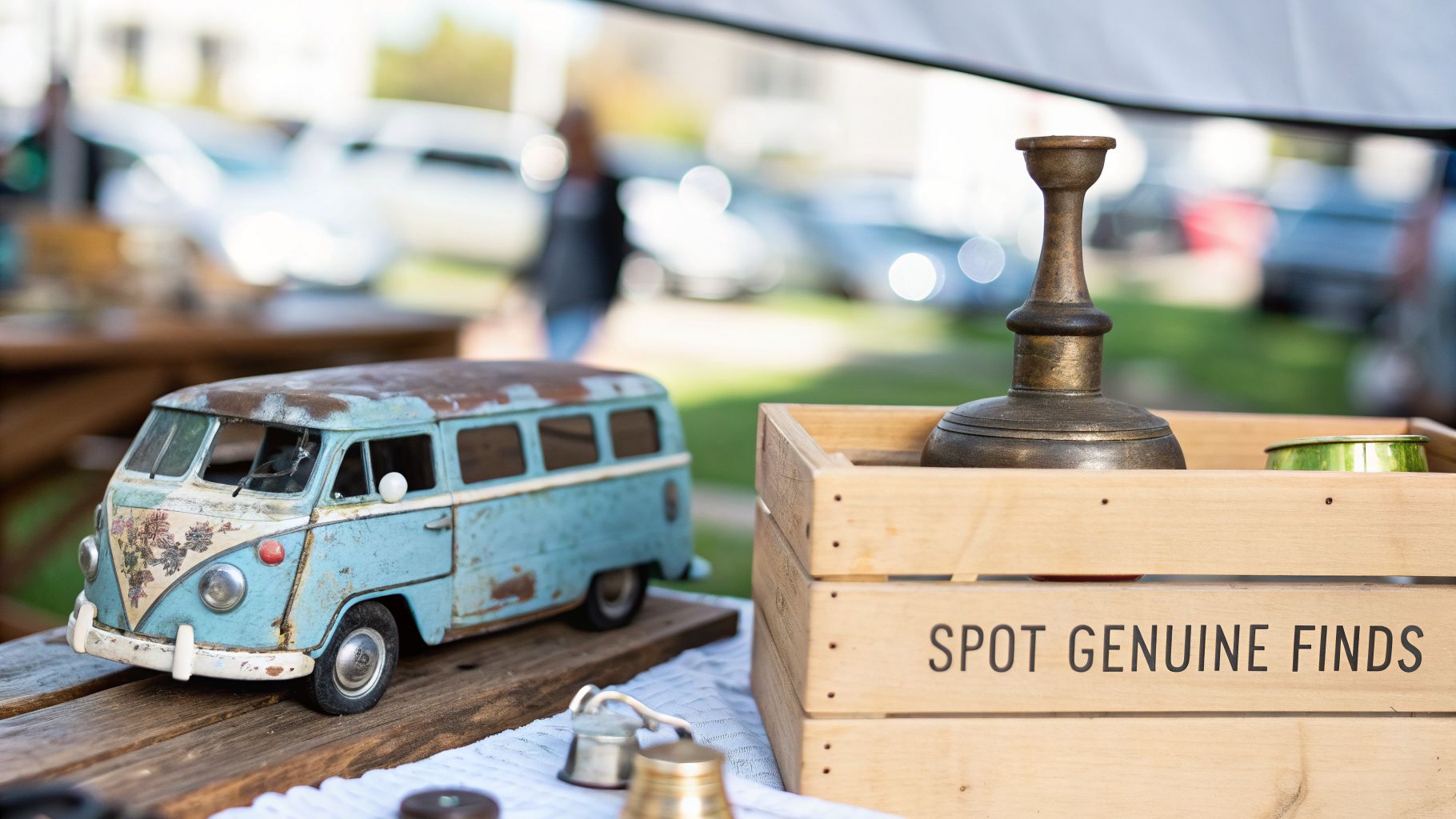 A vintage blue toy Volkswagen van and a brass candlestick in a wooden crate at a market.
