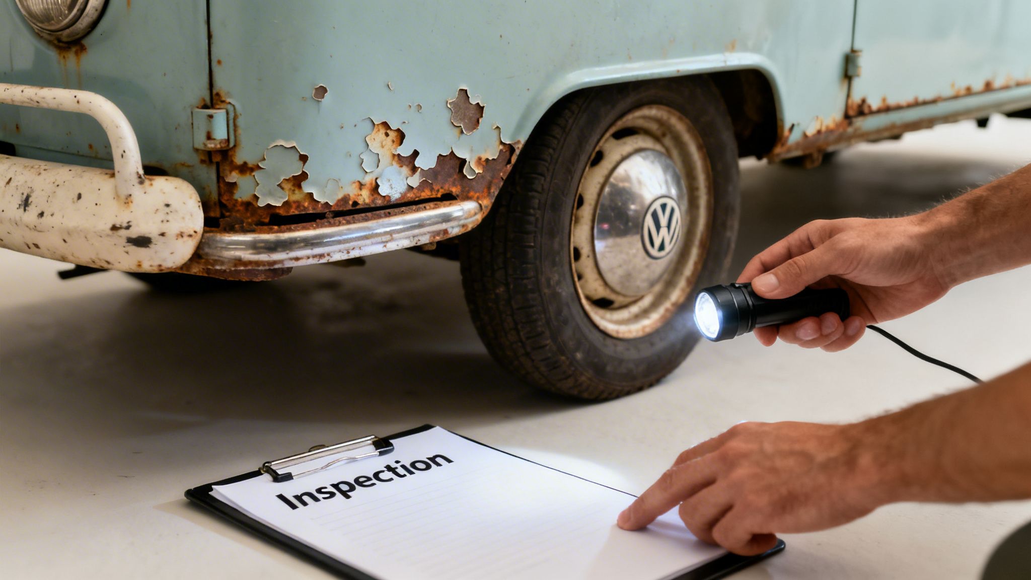 Person inspecting a rusty vintage Volkswagen bus with a flashlight and a clipboard.