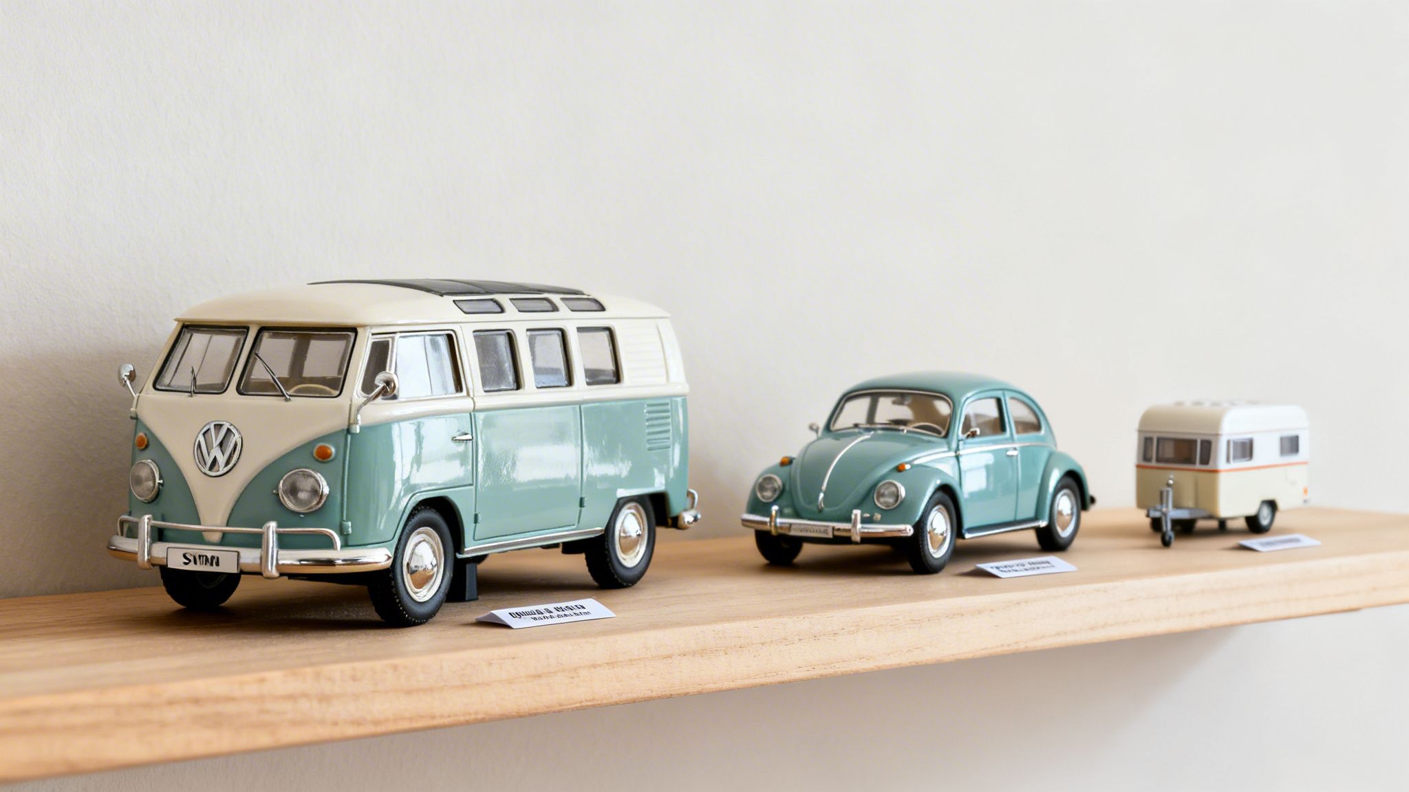 Miniature models of a teal and cream Volkswagen bus, Beetle car, and camper trailer on a shelf.