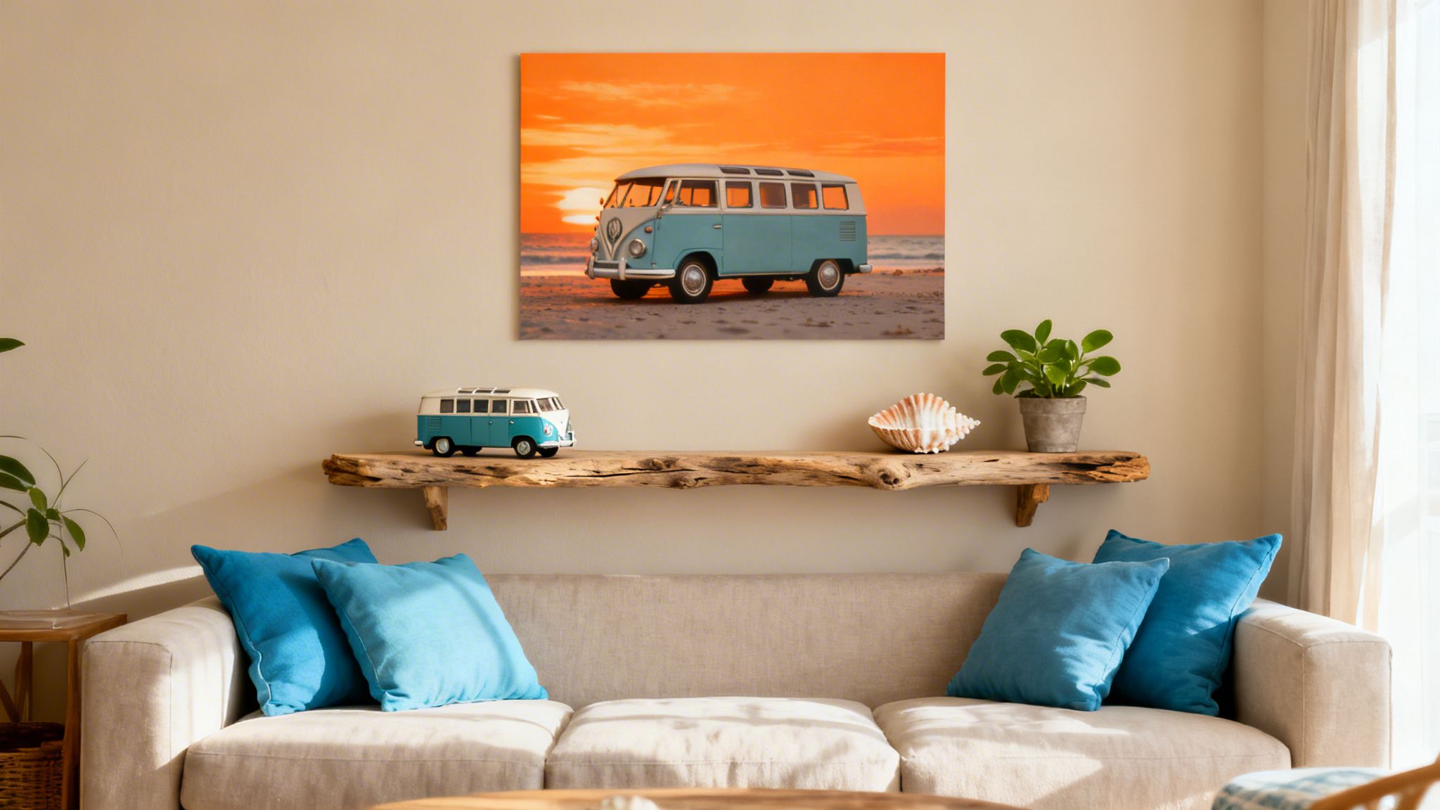 A cozy living room with a beige sofa, blue pillows, a rustic shelf, and beach-themed wall art.