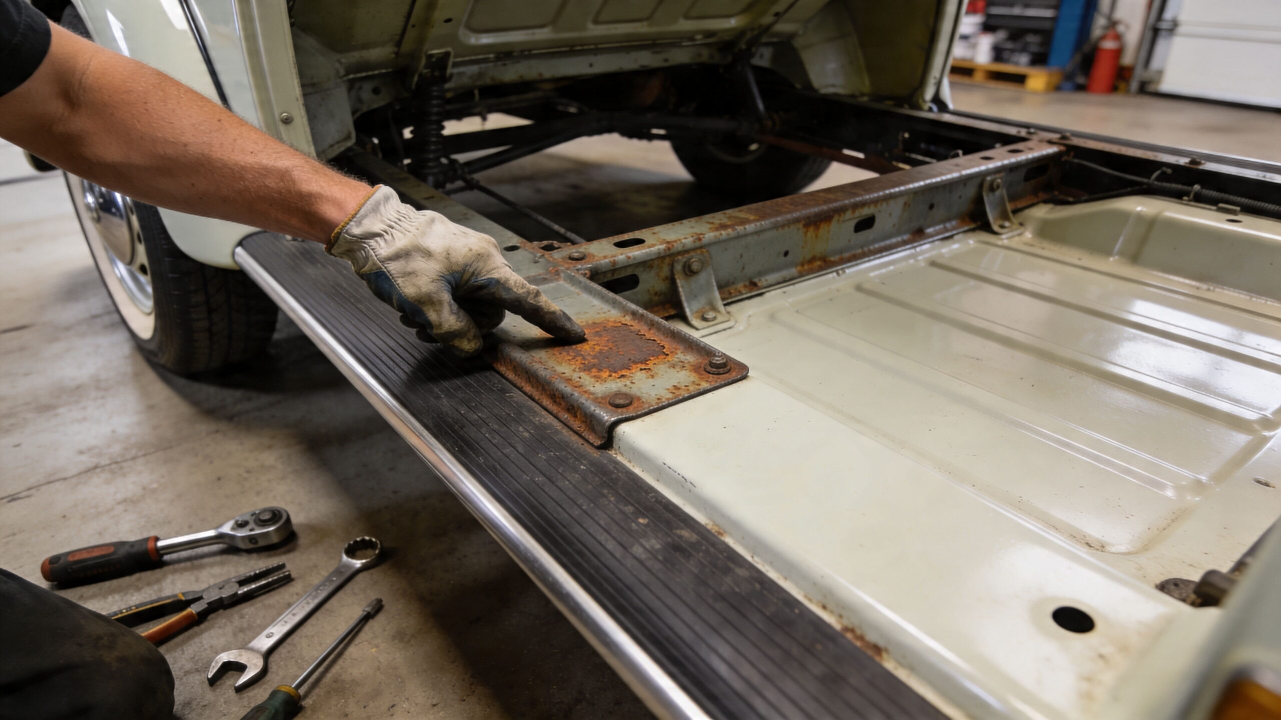 A gloved hand points to a rusted metal plate on the floor frame of a Volkswagen Beetle.