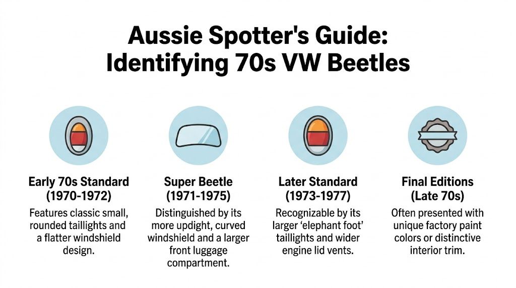 An infographic titled Aussie Spotter's Guide identifying different 1970s Volkswagen Beetle models and their unique features.