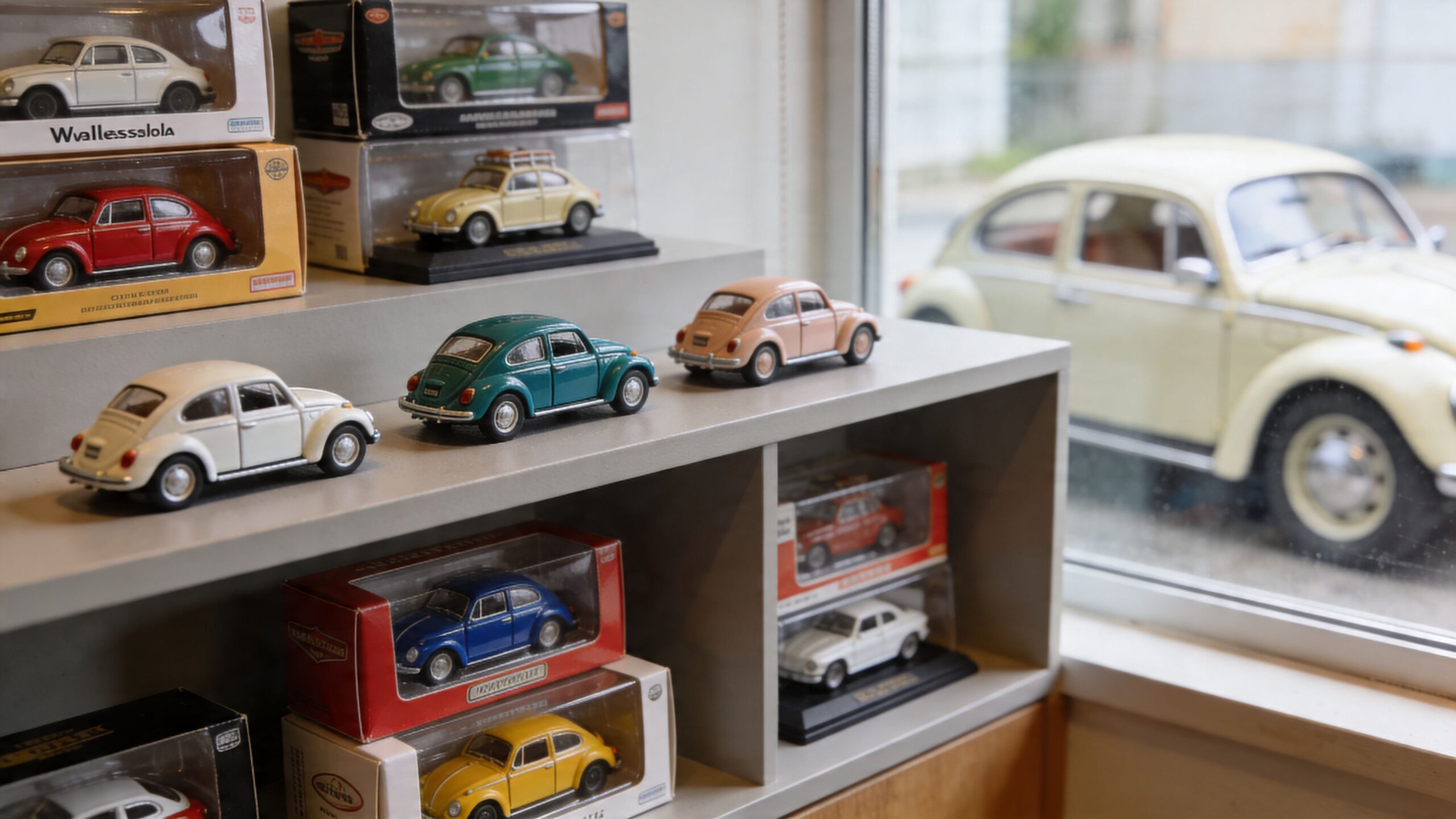 A collection of colorful Volkswagen Beetle model cars displayed on shelves in a store display window.