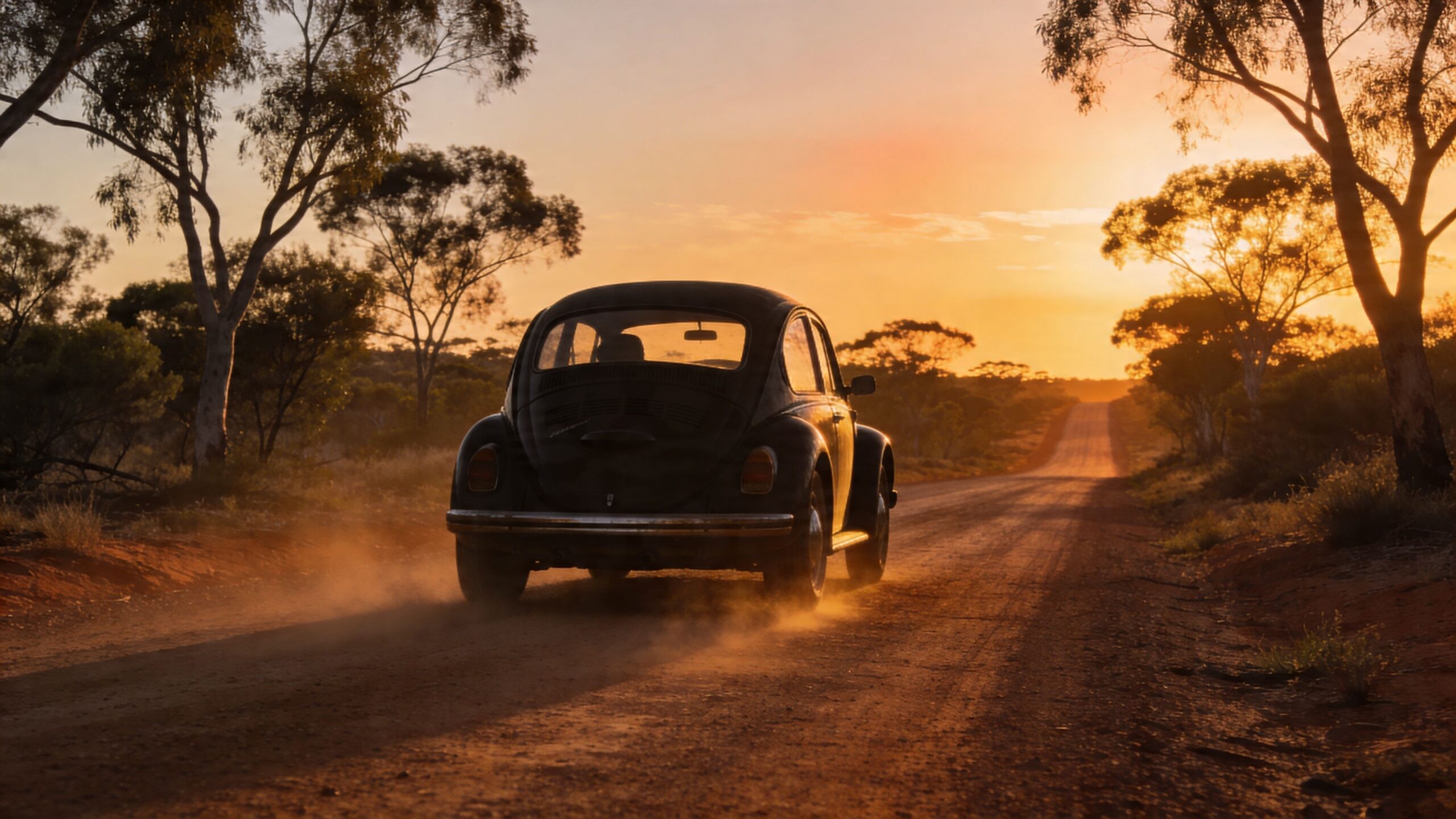 A vintage Volkswagen Beetle driving down a dusty dirt road during a beautiful golden sunset.