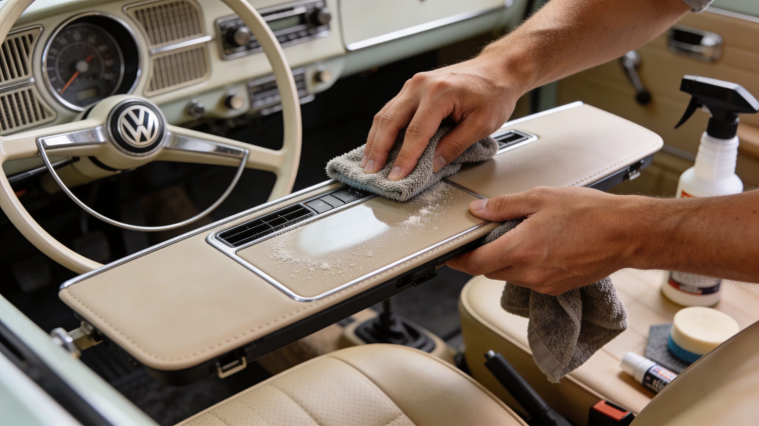 A person cleaning a vintage Volkswagen dashboard with a grey microfiber cloth and a cleaning spray bottle.