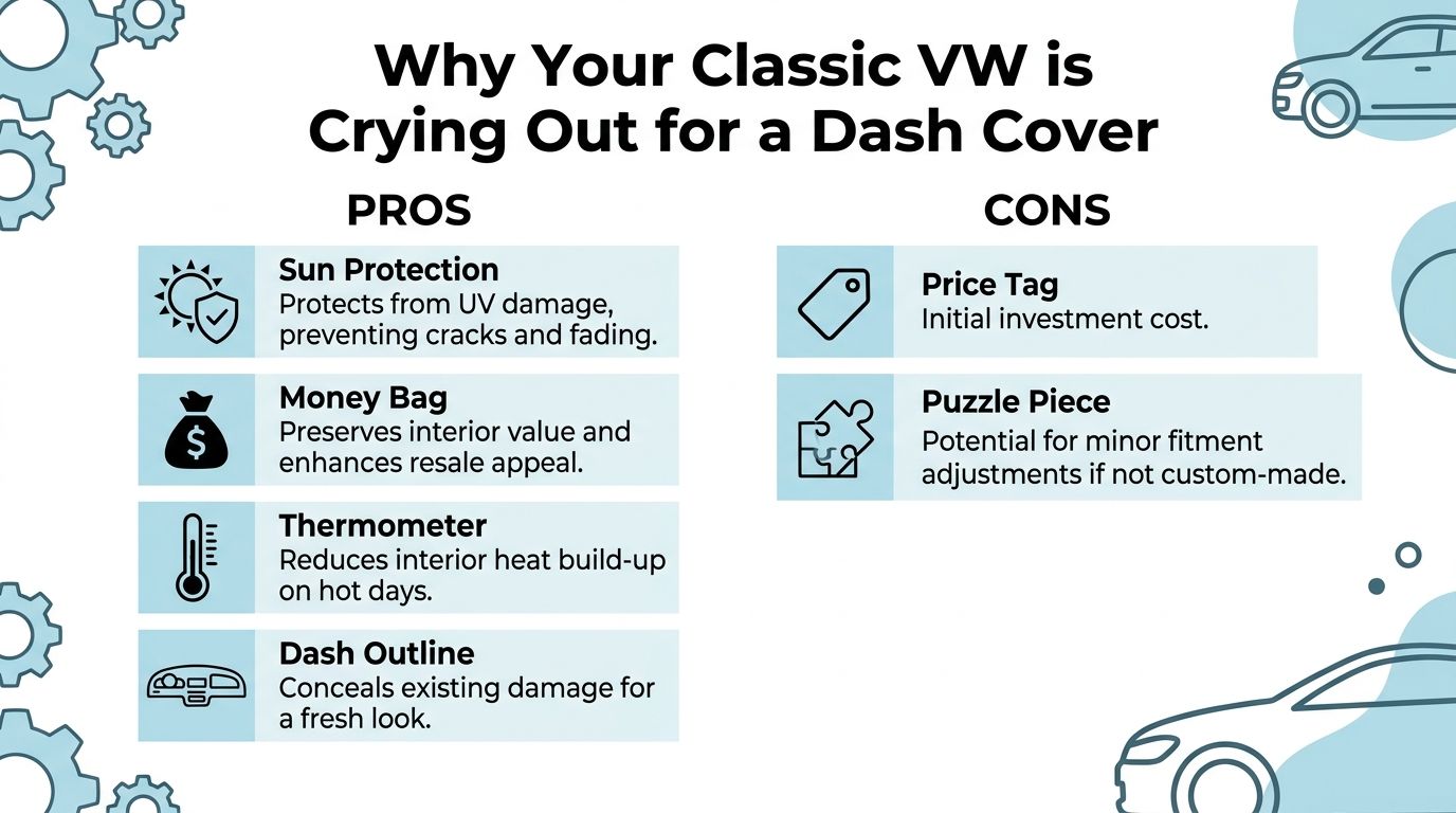 An infographic comparing the pros and cons of using dashboard covers for classic Volkswagen vehicles.