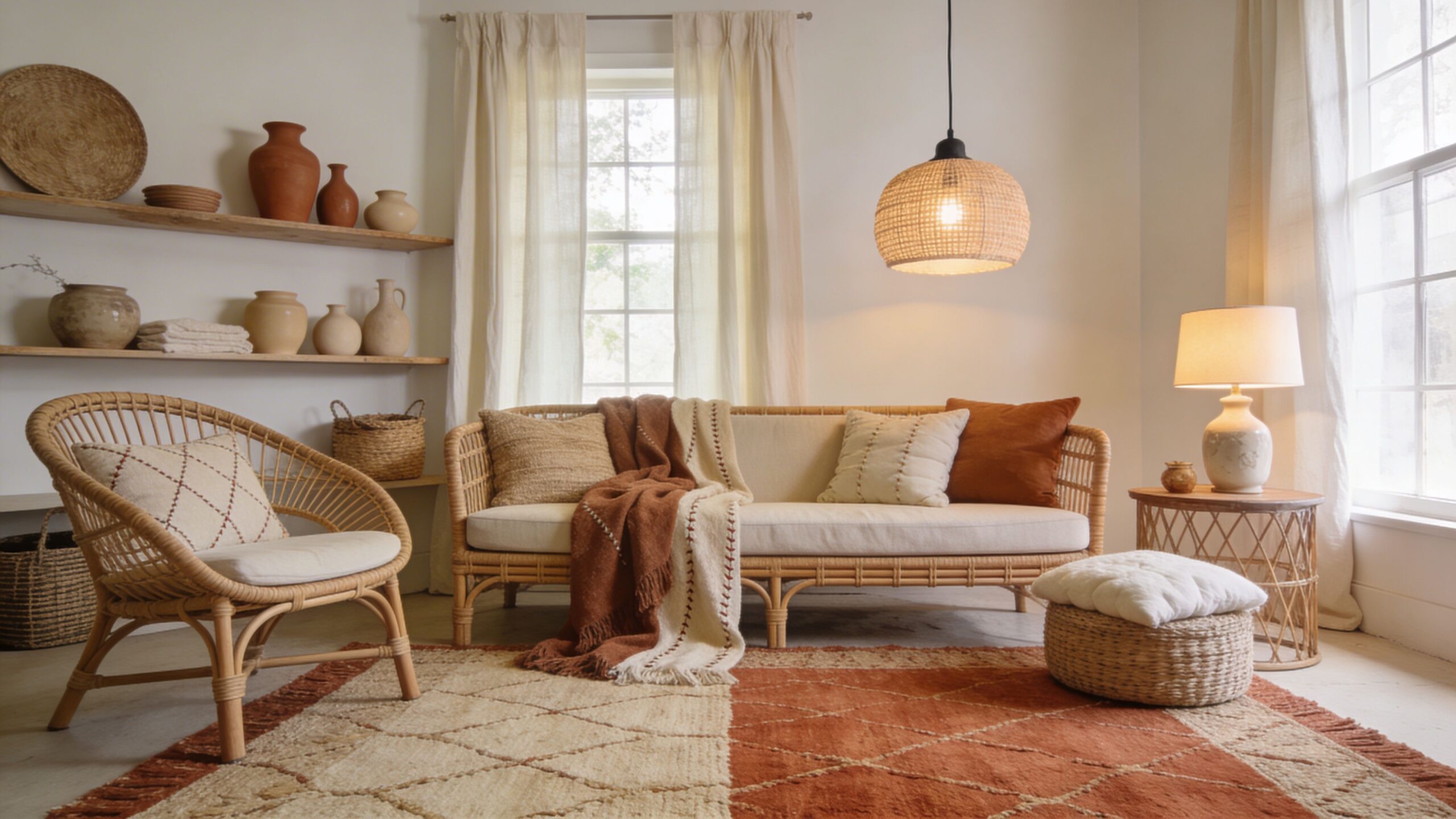 A cozy boho style living room featuring a rattan sofa, matching armchair, earthy decor, and warm lighting.