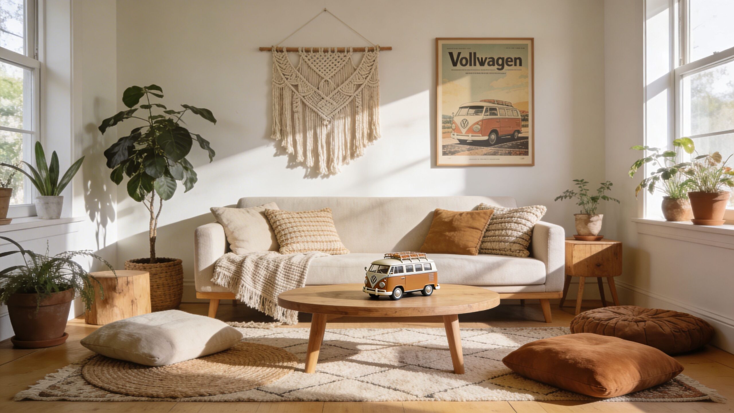 A cozy, sunlit living room featuring boho decor, a neutral sofa, macrame wall art, and a vintage van.
