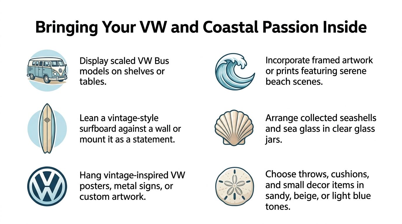 A design infographic titled Bringing Your VW and Coastal Passion Inside with tips for home decor.