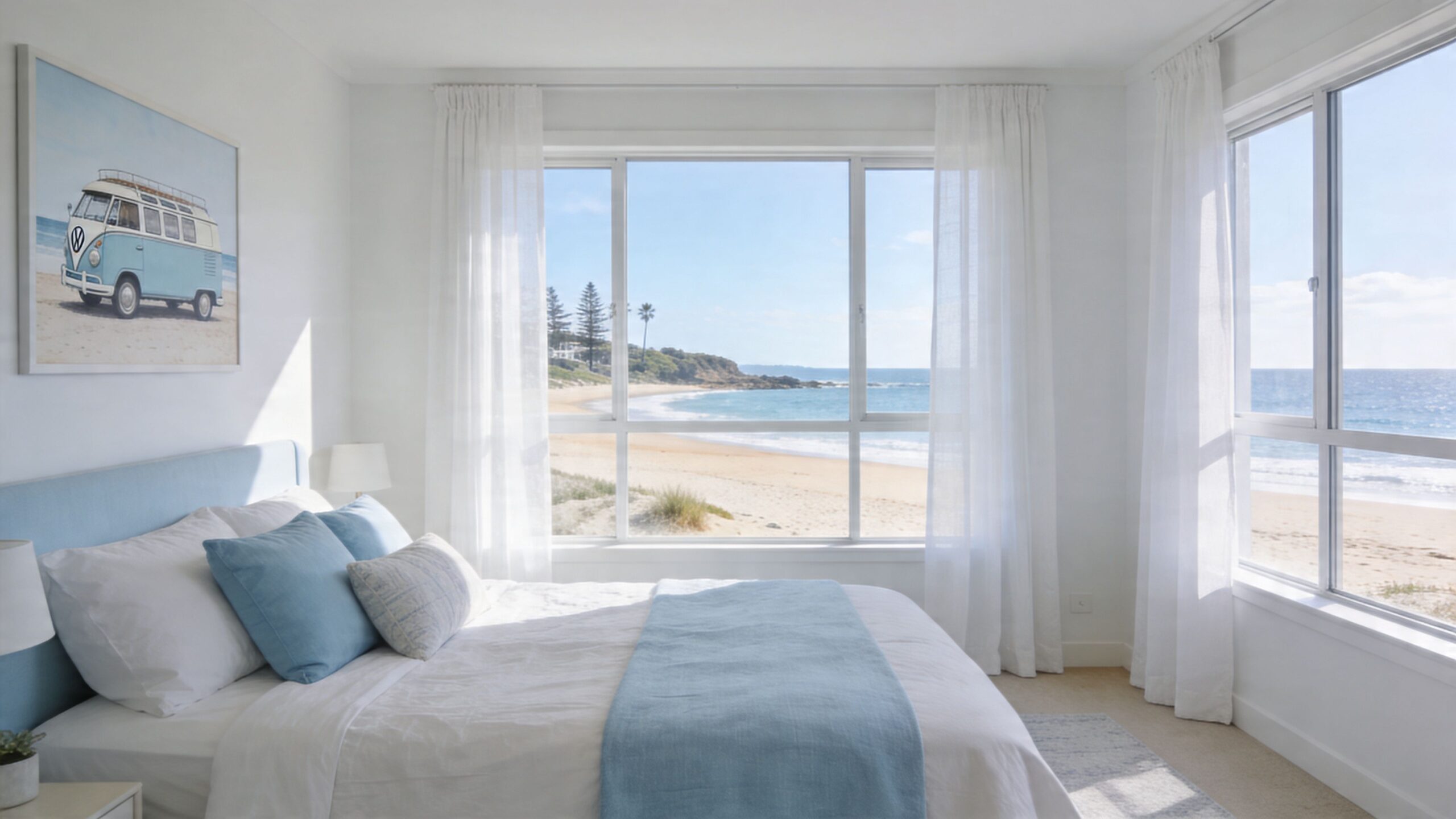 A serene bedroom with a light blue bed theme, white curtains, and panoramic views of a sandy beach.