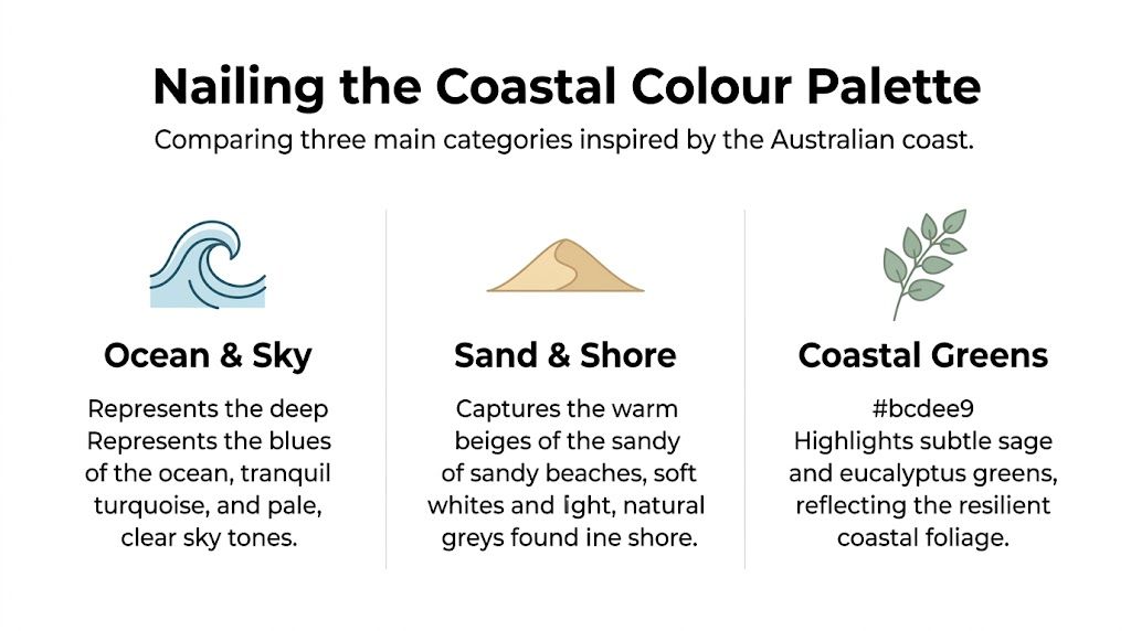 A coastal color palette infographic featuring ocean blue, sandy beige, and soft sage green inspiration.