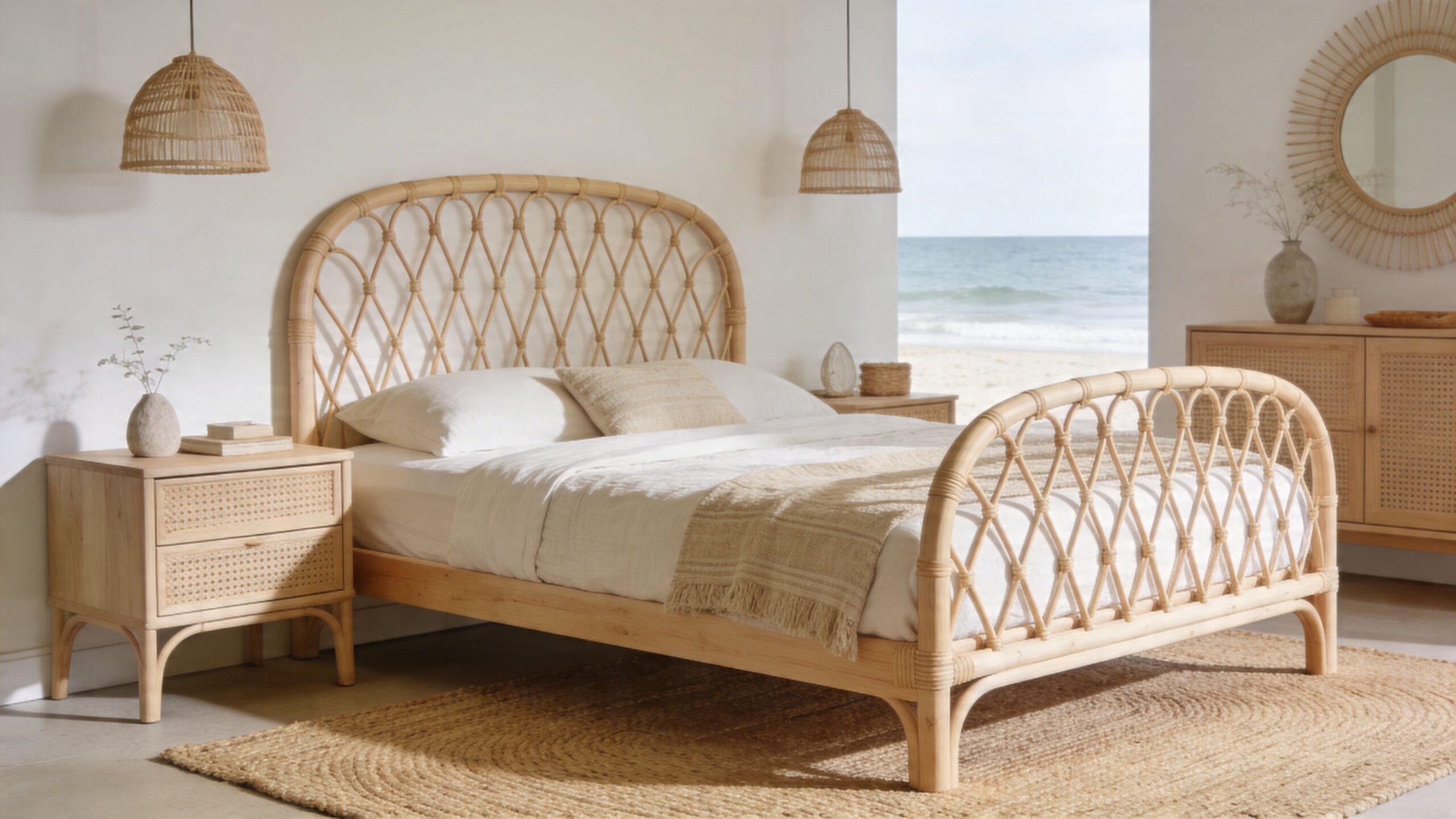 A coastal style bedroom featuring a rattan bed frame, light wood nightstand, and ocean view scenery.