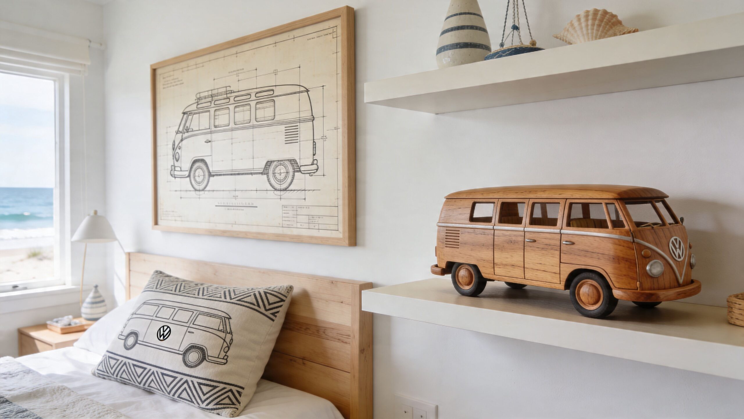 A coastal-themed bedroom featuring Volkswagen van decor, including a framed blueprint, wooden toy model, and decorative pillow.