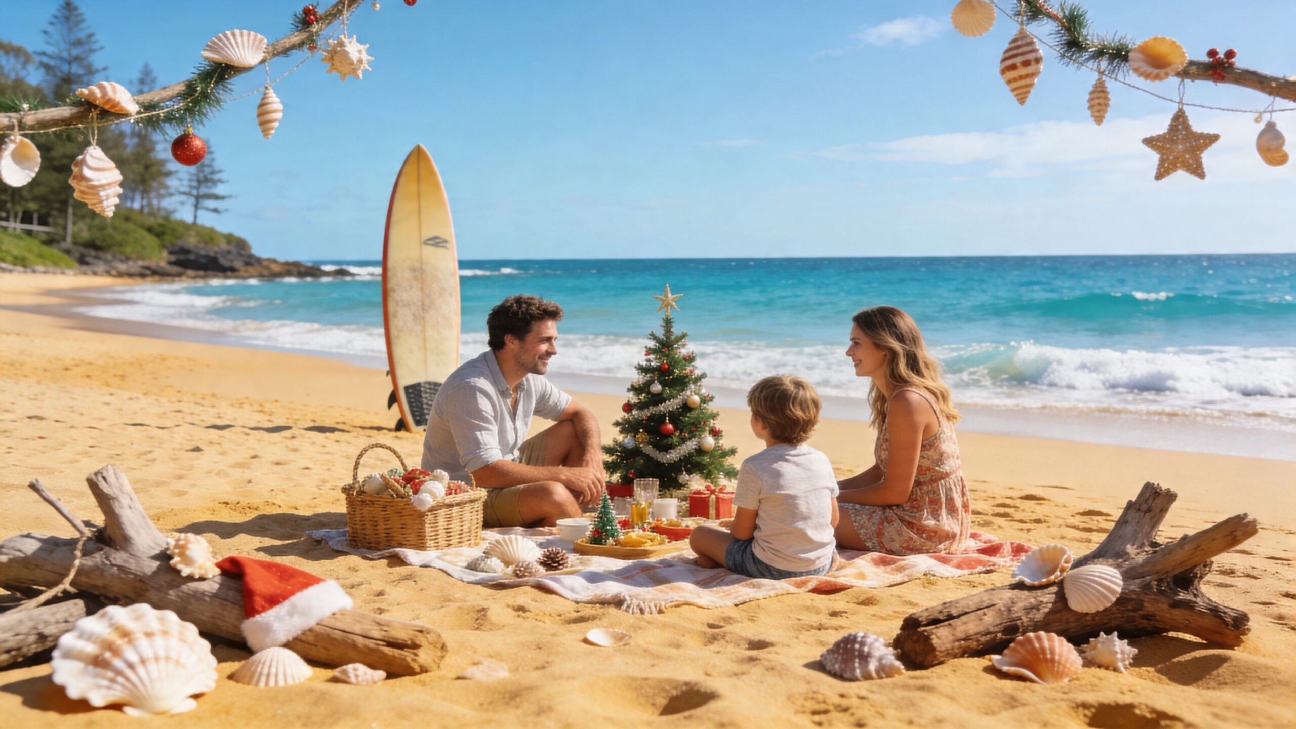A happy family enjoys a coastal Christmas picnic on a sunny sandy beach with decorative shells.