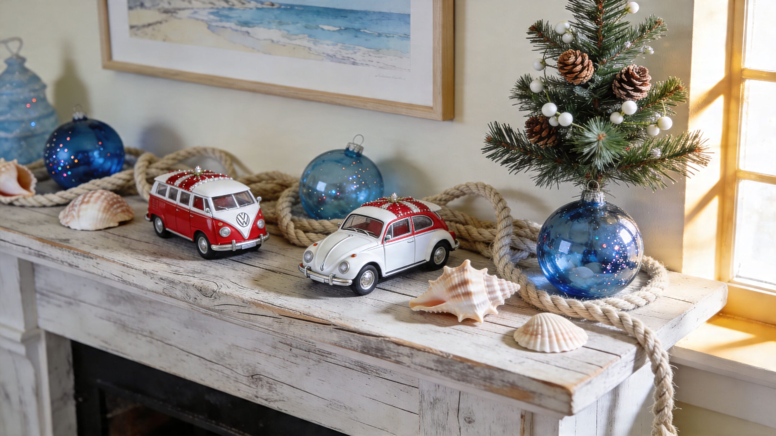 A rustic coastal Christmas mantel decorated with vintage VW vehicles, seashell accents, and blue holiday ornaments.