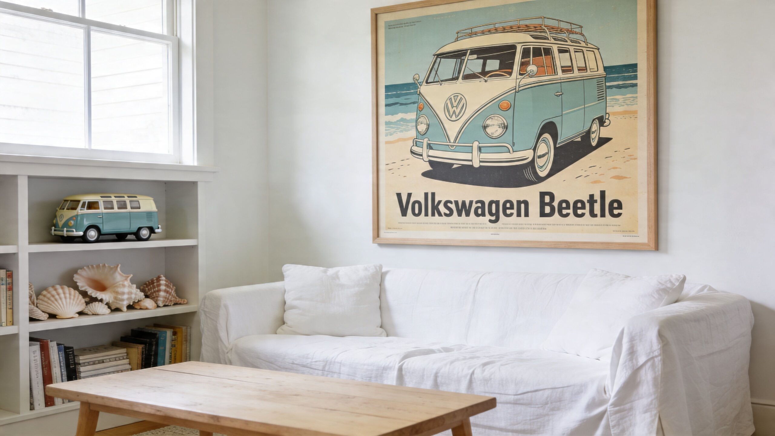 A cozy coastal living room featuring a white sofa, coffee table, and a vintage Volkswagen bus print.