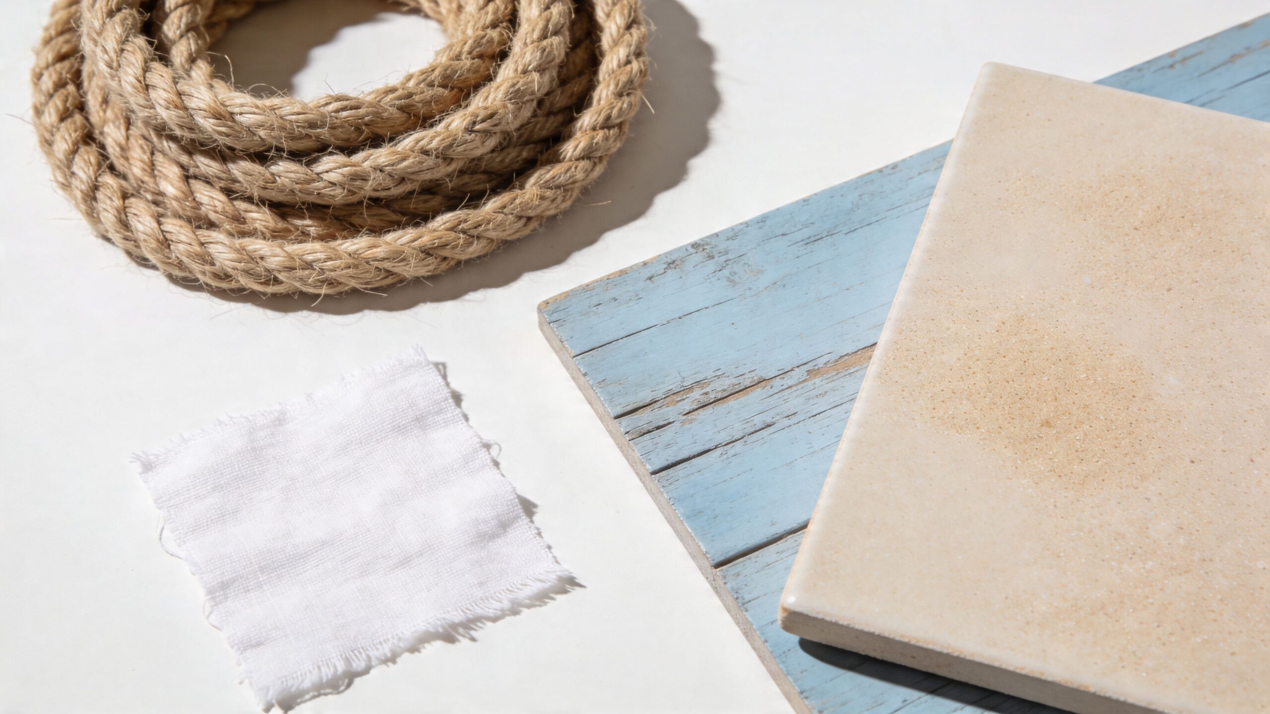 A coastal-themed arrangement featuring coiled rope, a square white cloth, and a beige tile on blue wood.