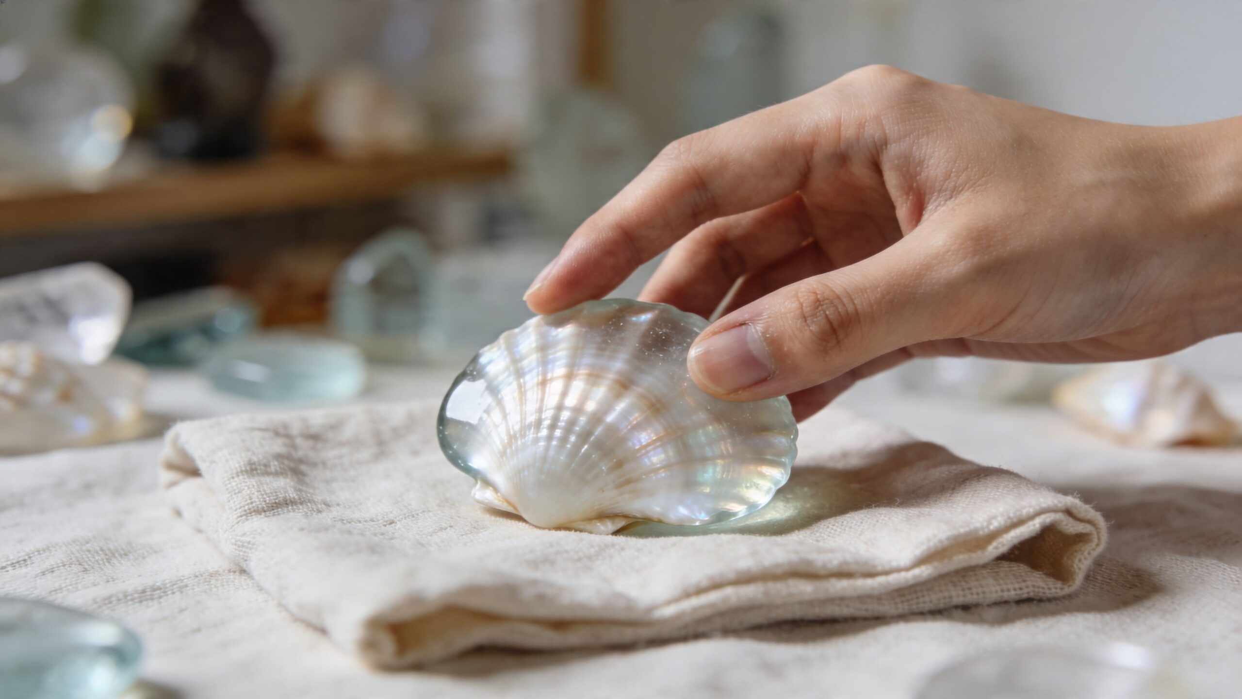A hand delicately touching a translucent iridescent seashell resting on a folded cream-colored linen fabric cloth