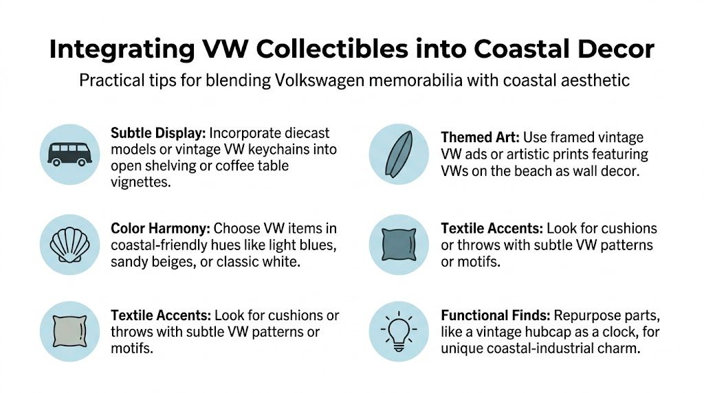 A helpful infographic showing six creative ways to integrate vintage Volkswagen collectibles into a coastal home decor theme.