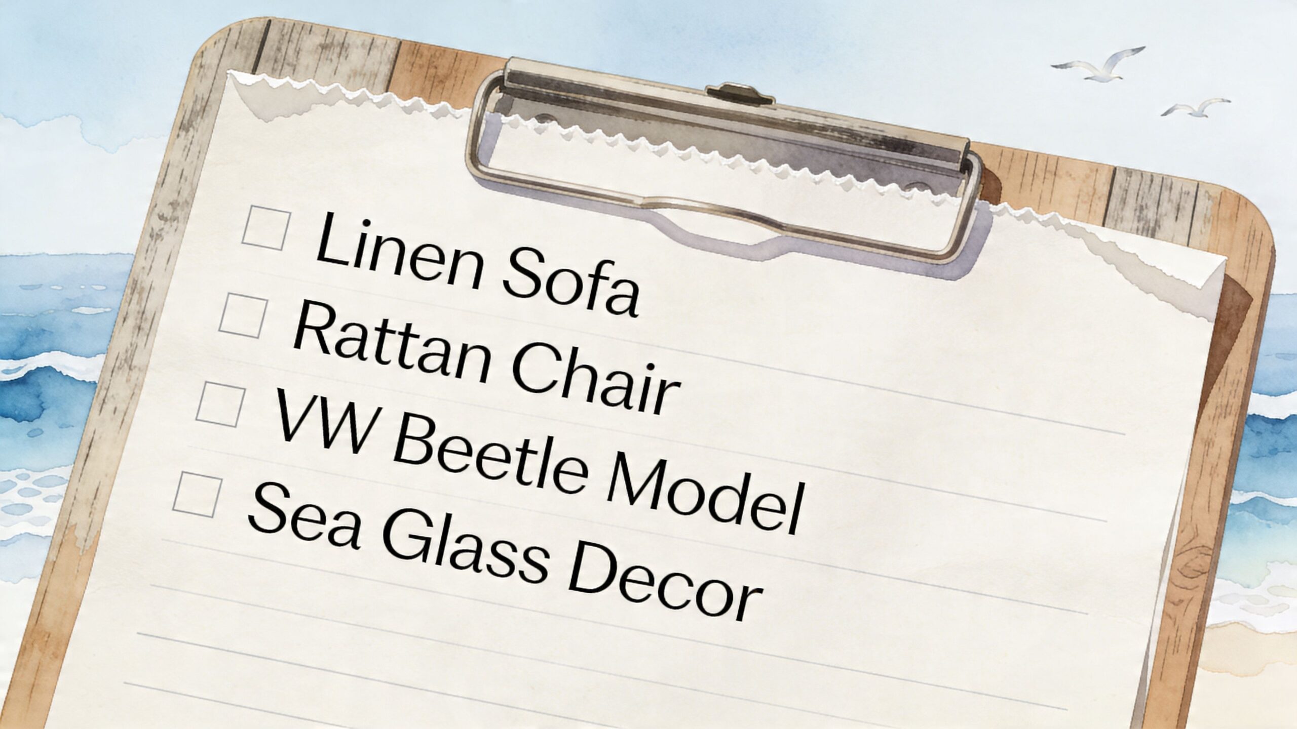 A wooden clipboard on a beach background features a checklist with linen sofa, rattan chair, VW beetle model, and sea glass decor.